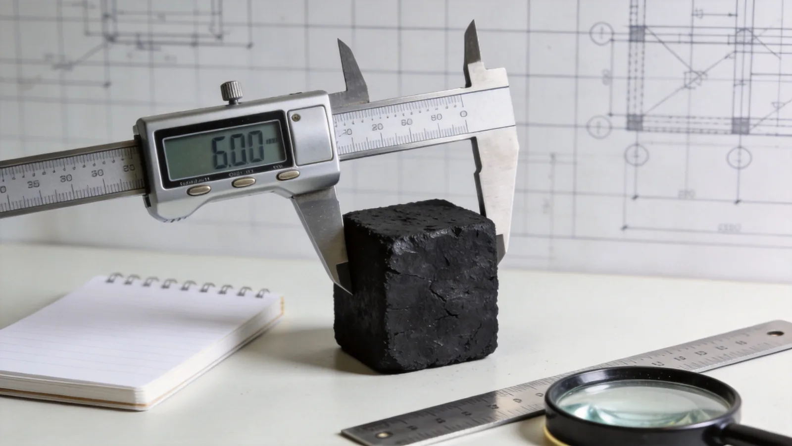 Digital caliper measuring a charcoal cube on a technical desk — conceptual illustration